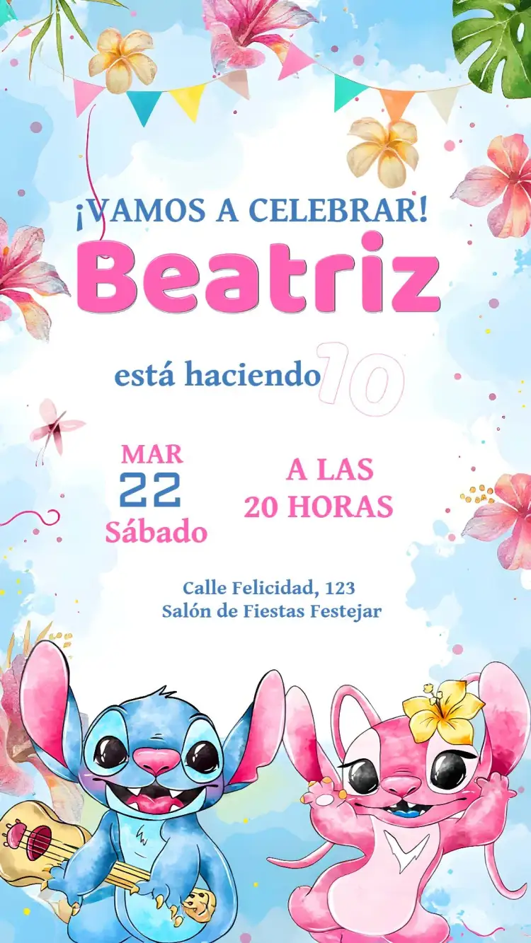 Invitación Lilo Y Stitch Acuarela Azul – tema Más buscados acuarela, floral, colorido, temático, infantil, divertido