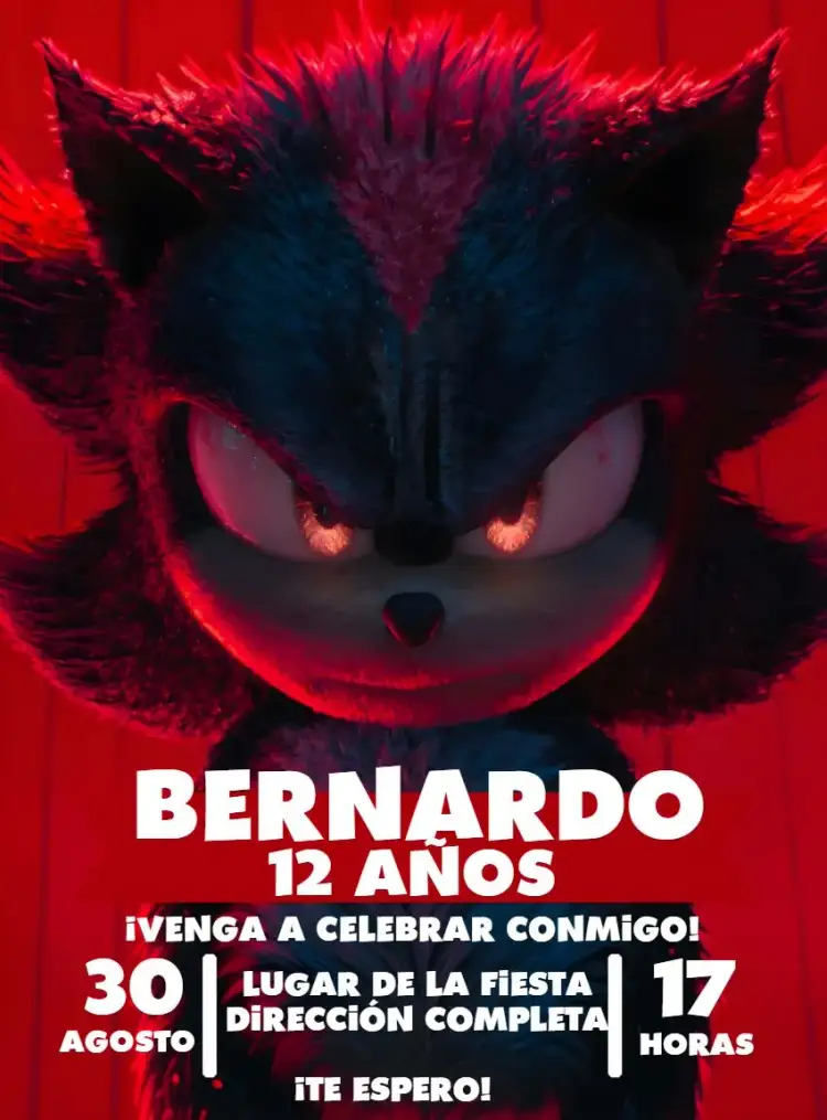 Invitación Shadow Sonic 3 Película – tema Cumpleaños Infantil moderno, divertido, temático, colorido, aventura, jovial