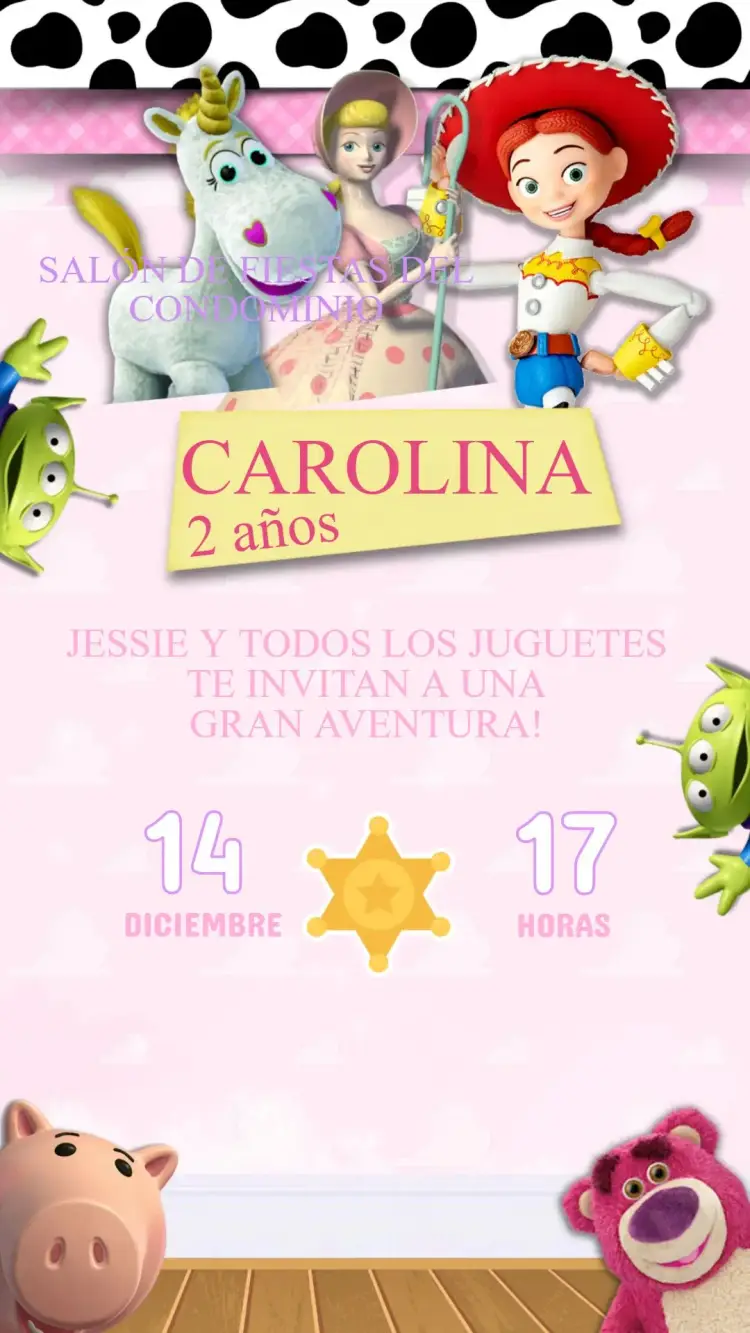 Invitación Invitación de Cumpleaños Digital Toy Story Niña Rosa para editar editable y personalizable