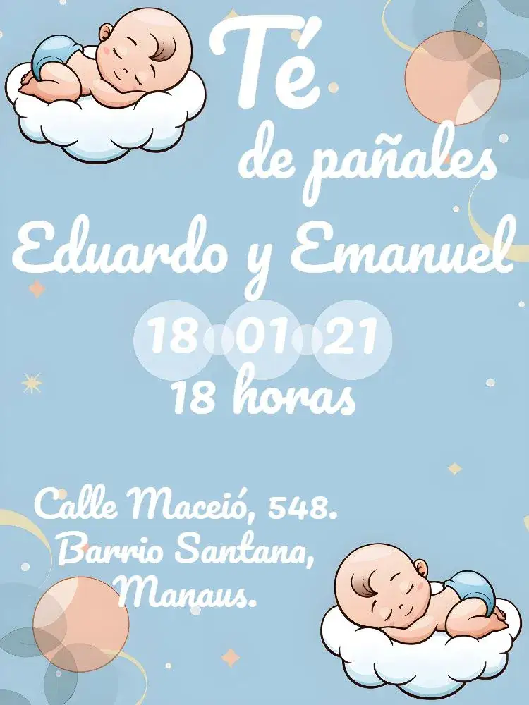 Invitación Baby Shower Gemelos Niños Burbujas de Jabón – tema Baby Shower azul y blanco, nubes, burbujas de jabón, infantil, divertido, moderno