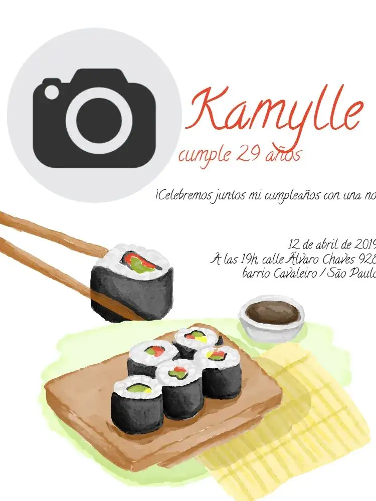Invitación Cena Sushi – tema Cumpleaños rojo, moderno, divertido, culinario, elegante