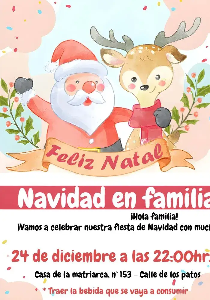 Invitación Navidad En Familia Rojo – tema Fechas Conmemorativas rojo vibrante, verde navideño, blanco clásico, elementos navideños, diseño festivo, estilo acogedor