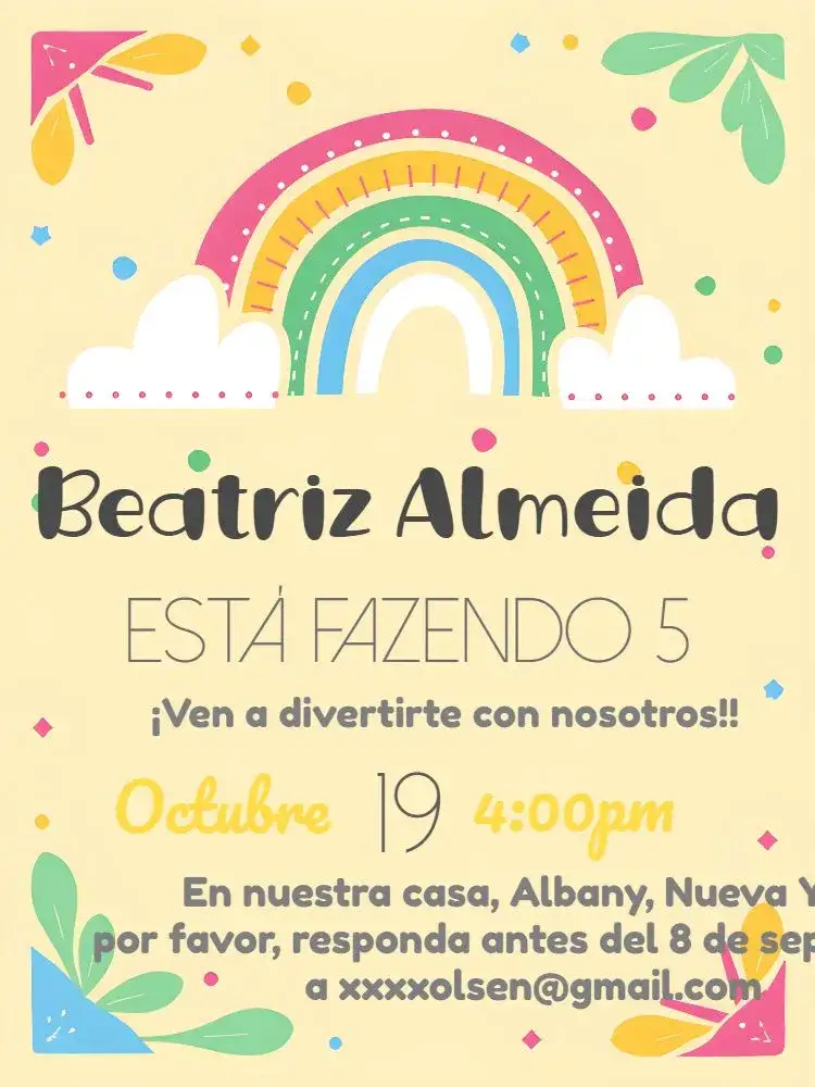 Invitación Infantil Arcoíris Amarillo – tema Cumpleaños Infantil colorido, lúdico, divertido, infantil, alegre, moderno