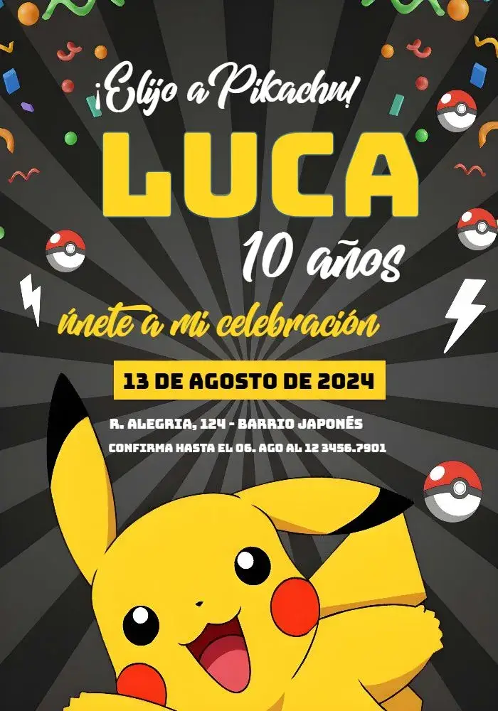 Invitación Pokemon Pikachu Rocket