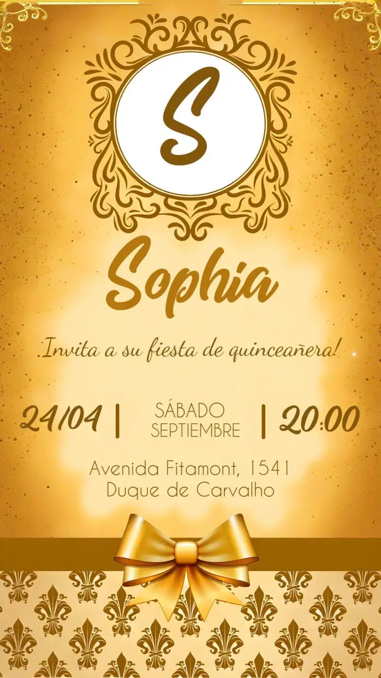 Invitación Lazo Dorado 15 – tema 15 años dorado, purpurina, elegante, moderno, sofisticado, festivo
