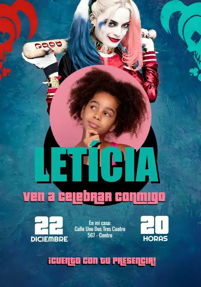 Invitación Arlequina Con Foto Dc – tema Cumpleaños Infantil moderno, colorido, temático, divertido, quadrinhos