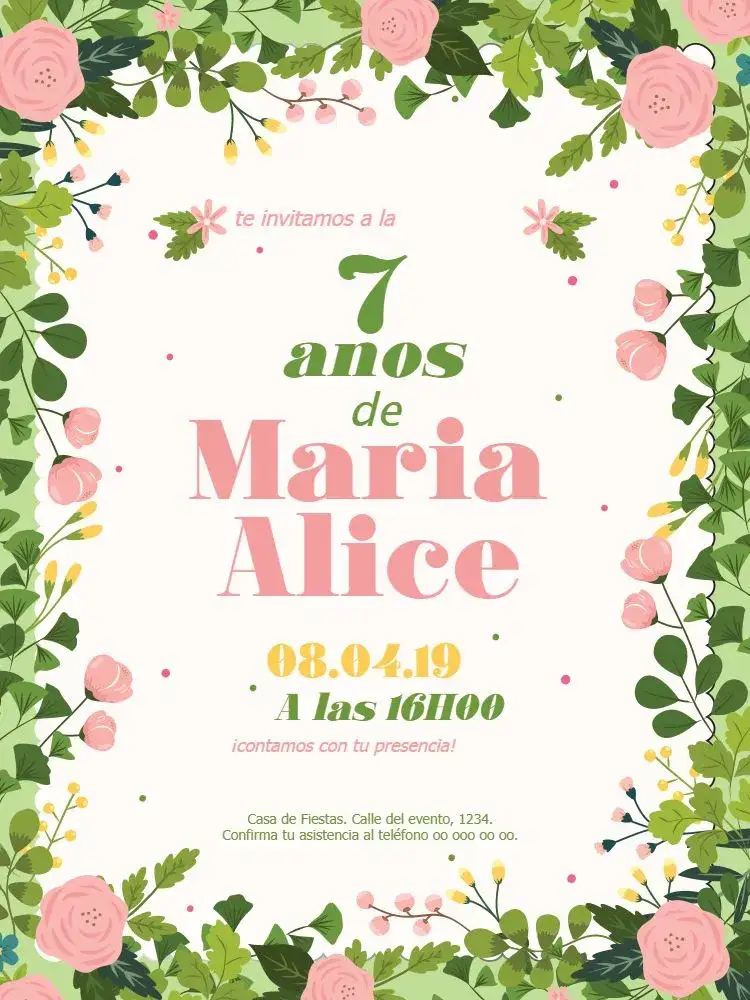 Invitación Jardín Infantil – tema Cumpleaños Infantil floral, delicado, primavera, rosa, colorido