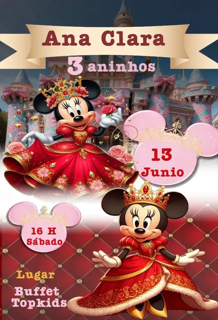 Invitación Minnie Realeza – tema Cumpleaños Infantil rojo, rosa, divertido, infantil, temático, mágico