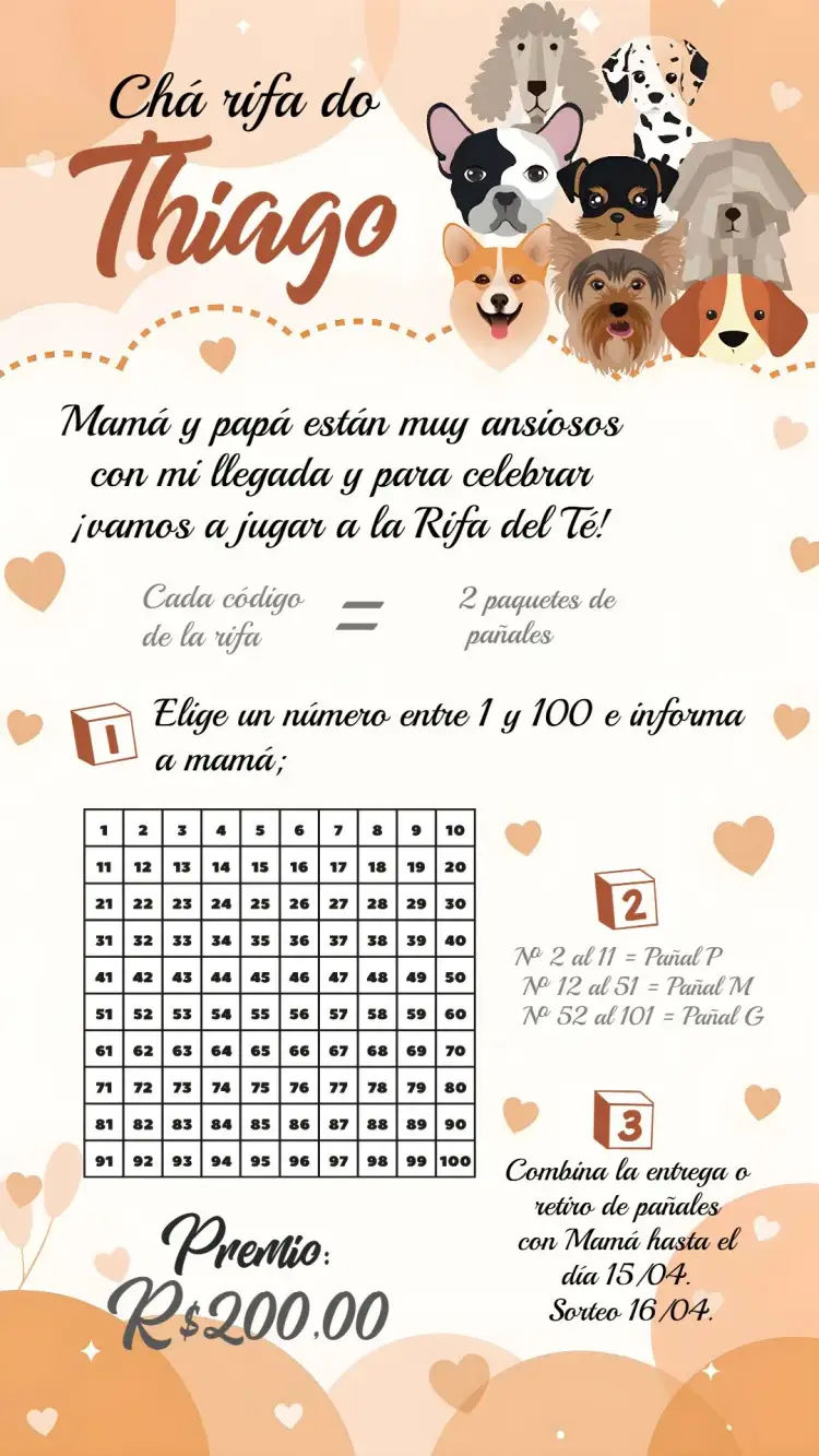 Invitación Chá Rifa Pets Bebe – tema Té Rifa neutral, lindo, animal, divertido, moderno