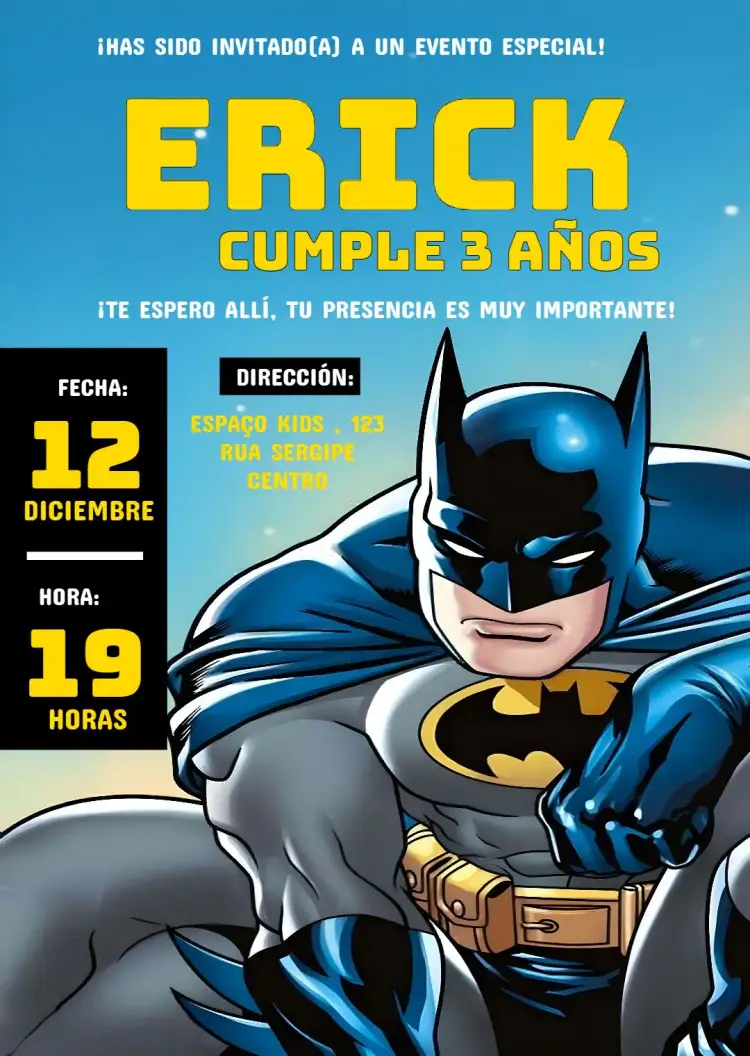 Invitación Batman Justicia – tema Cumpleaños Infantil azul, amarillo, superhéroes, murciélagos, moderno
