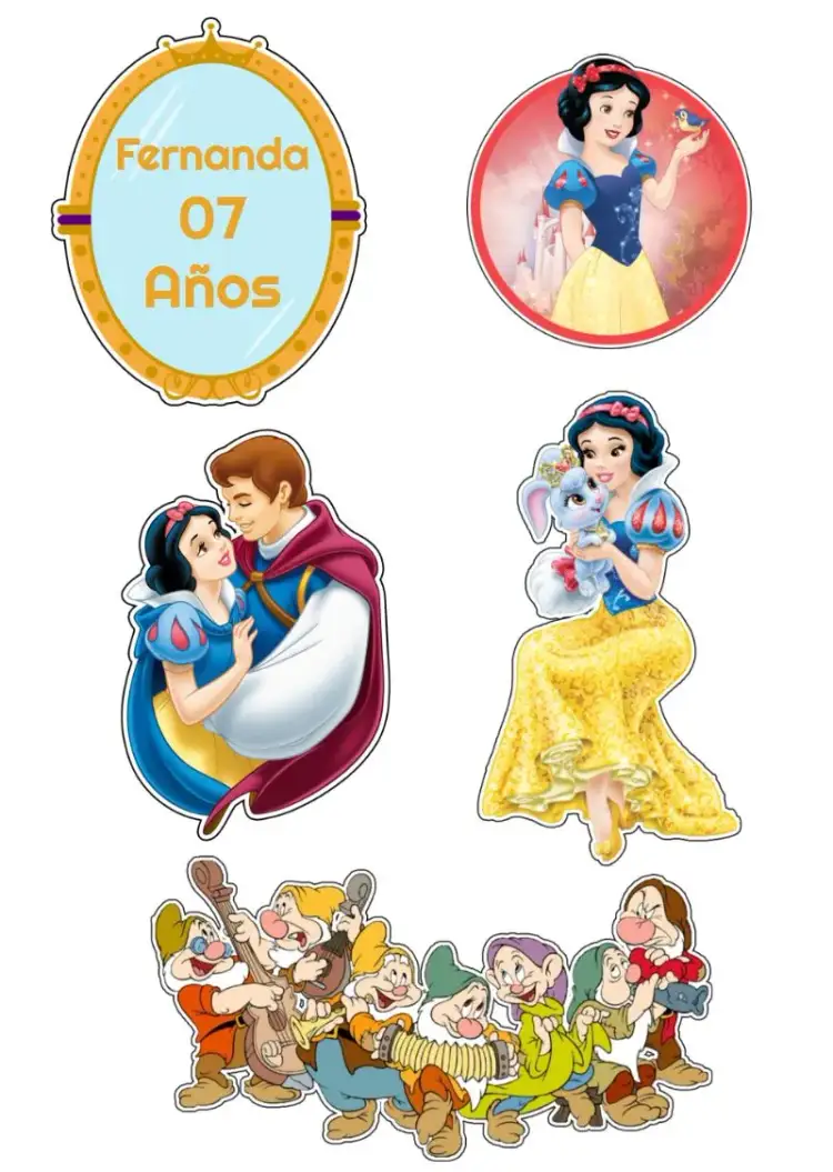 Invitación Topo De Pastel Blancanieves Imprimir – tema Topper de torta colorido, infantil, mágico, cuento de hadas, divertido, fantasía