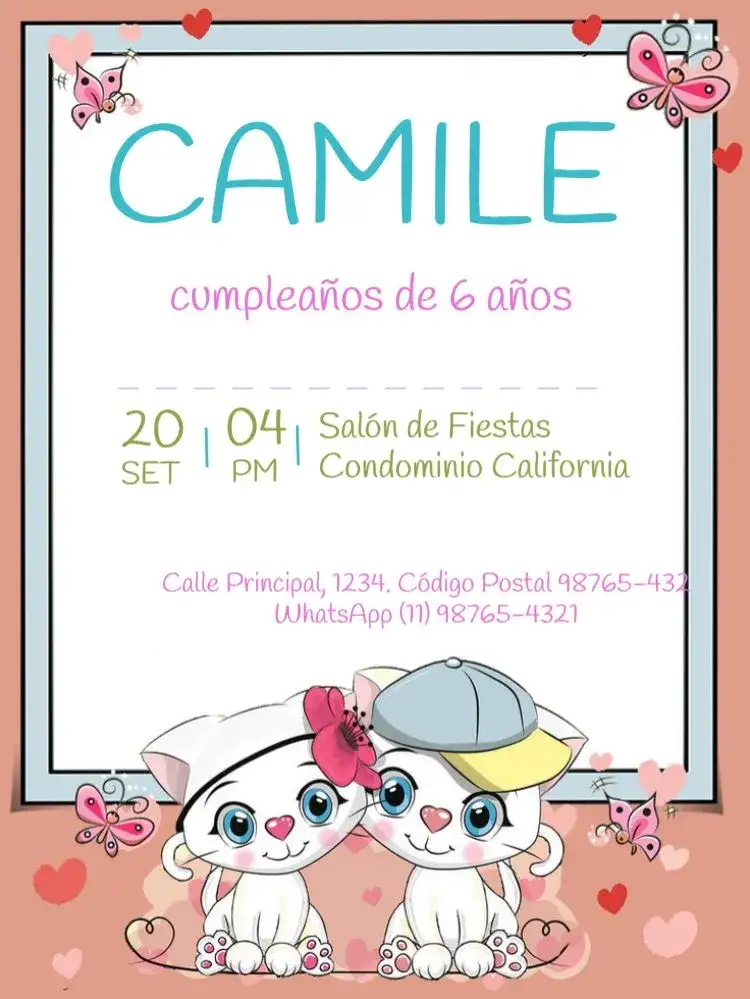 Invitación Pareja De Gatos Para Editar Niña – tema Cumpleaños Infantil lúdico, colorido, animales, infantil, divertido