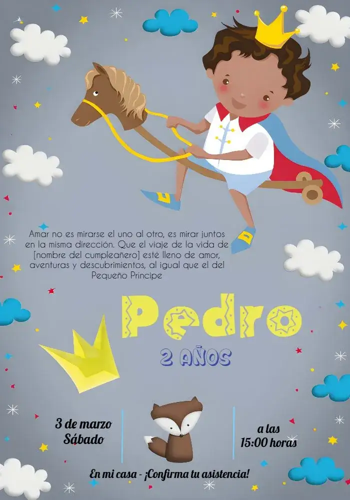 Invitación El Pequeño Príncipe Amarillo – tema Fechas Conmemorativas amarillo, blanco, infantil, lúdico, colorido, ilustraciones