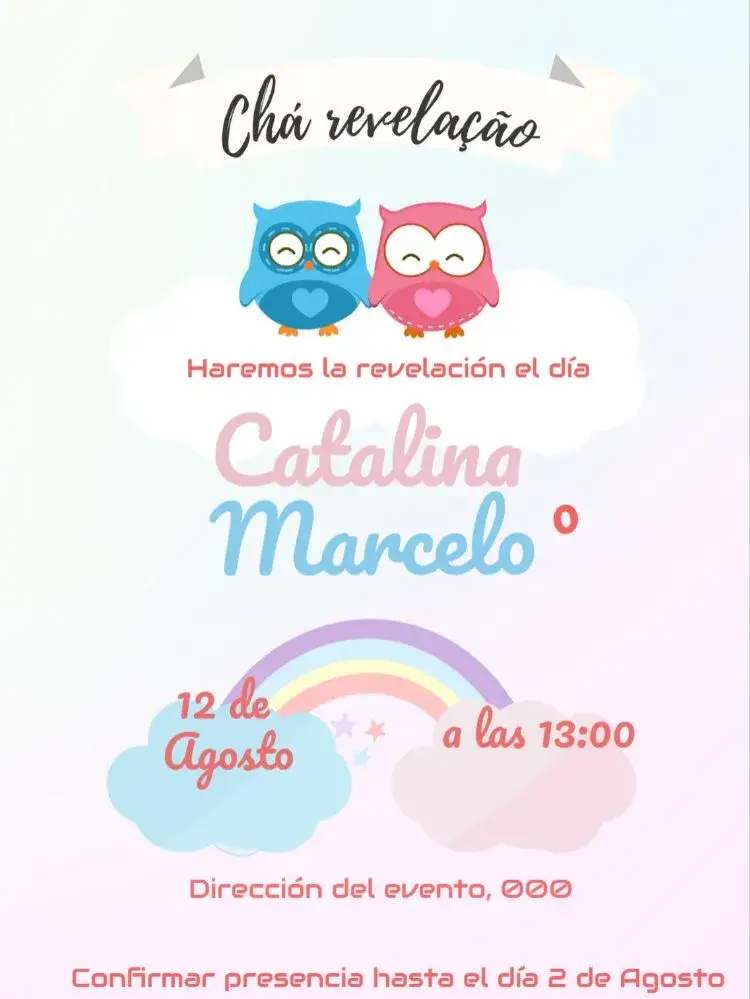 Invitación Baby Shower de Revelación Búhos Whatsapp – tema Té Rifa búhos, rosa y azul, globos de colores, moderno, divertido, festivo