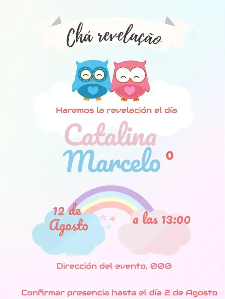 Invitación Baby Shower de Revelación Búhos Whatsapp editable y personalizable