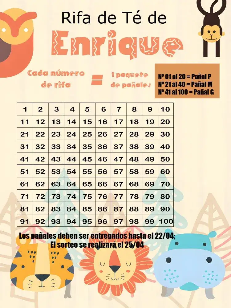Invitación Té Rifa Safari Cebra – tema Té Rifa safari, selva, animales, colores vivos, divertido, temático