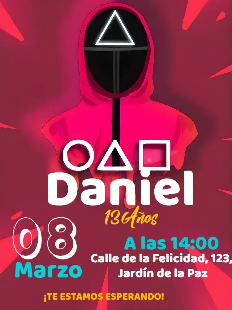 Invitación Round 6 Squid Game Netflix – tema Más buscados moderno, colorido, divertido, temático, jovial, inspirado en la serie