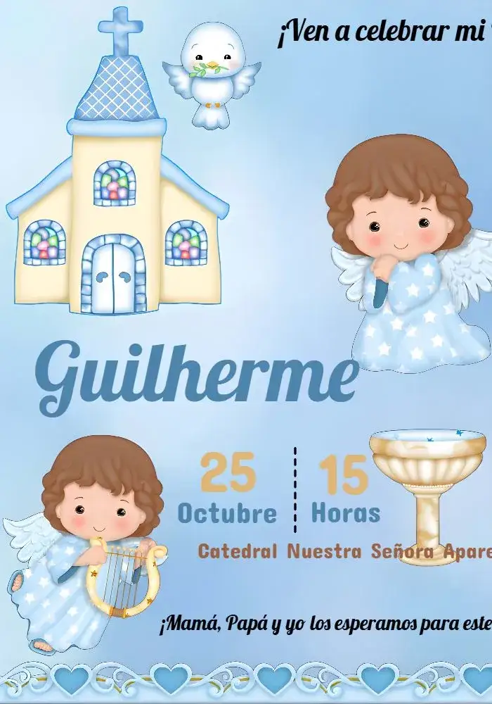 Invitación Bautizo Niño Angelito Comunión – tema Primera Comunión azul claro, angelito, religioso, minimalista, infantil, moderno