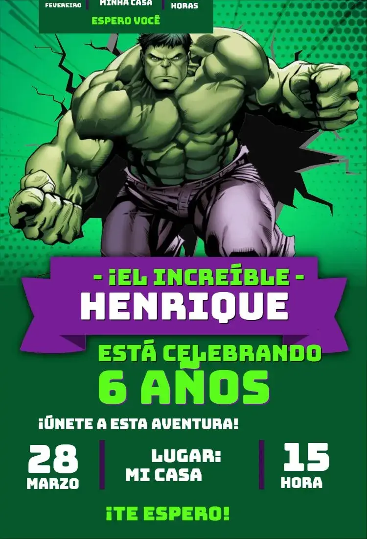 Invitación Hulk 1 editable y personalizable