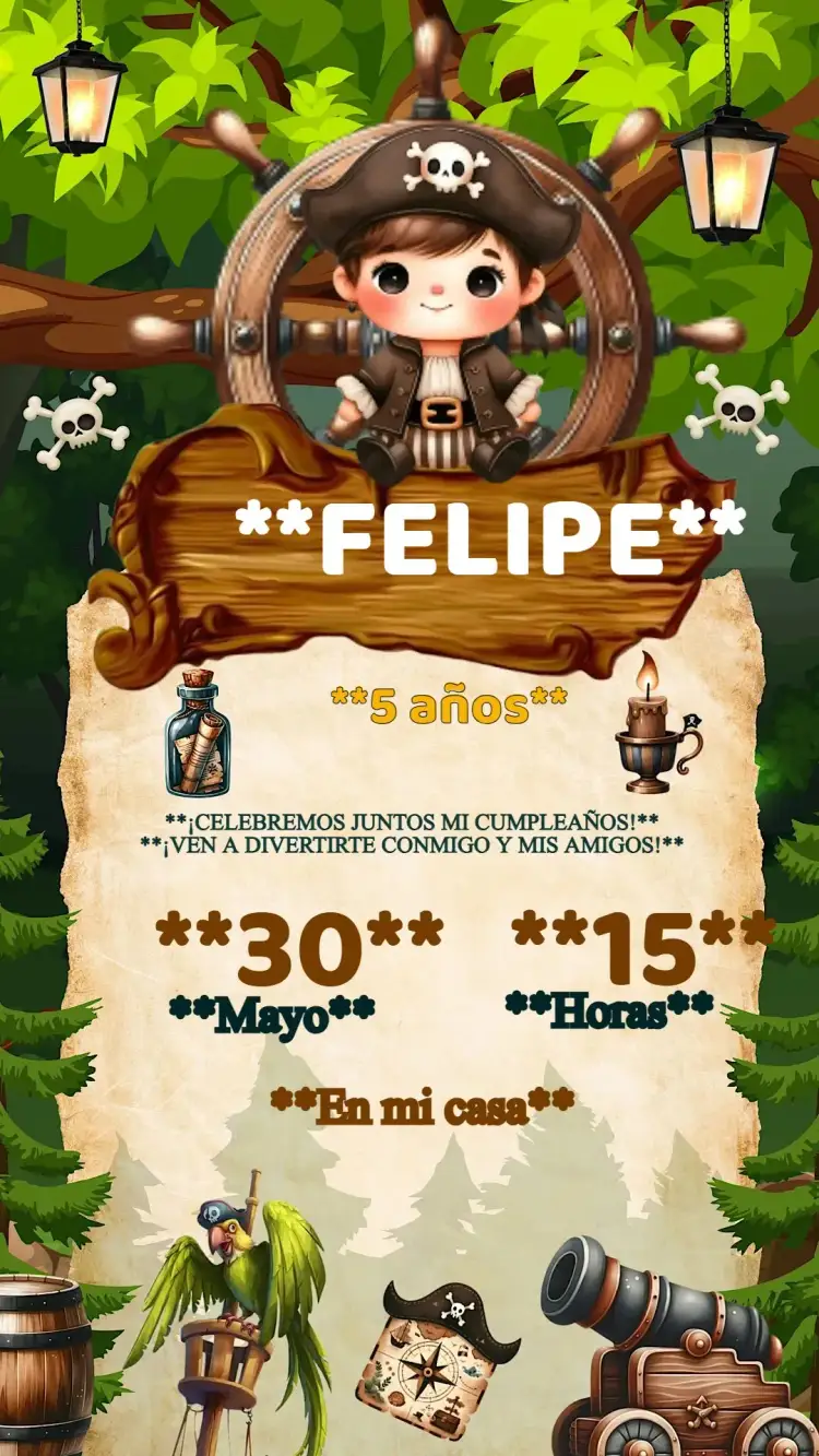 Invitación Invitación Cumpleaños Pirata – tema Cumpleaños Infantil pirata, aventura, marino, colorido, divertido, infantil