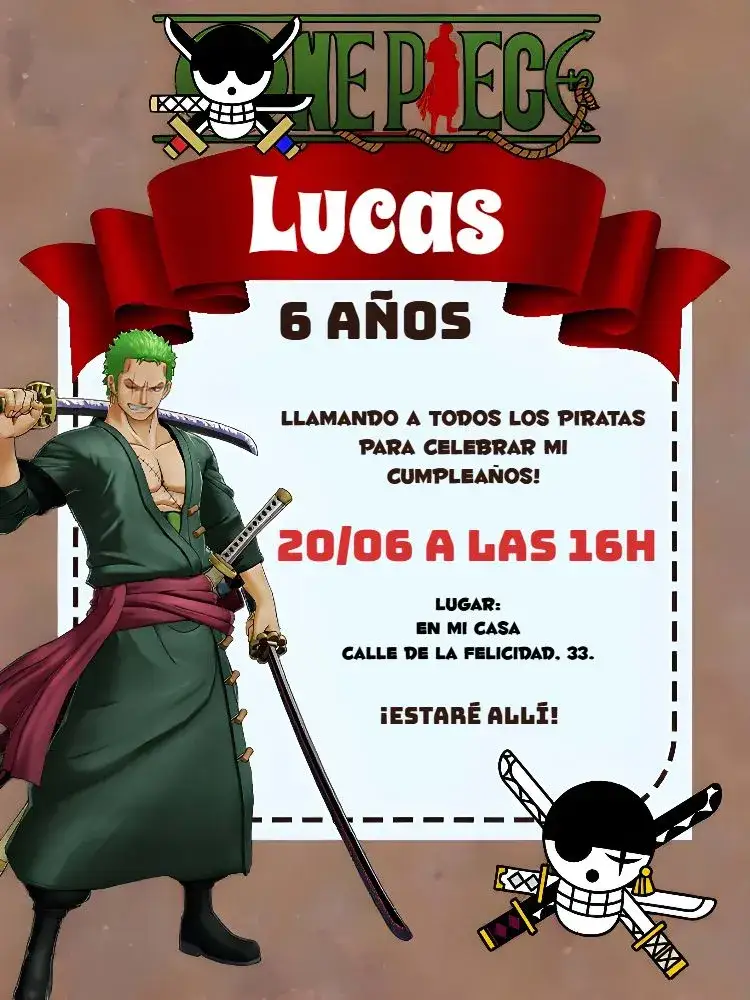 Invitación One Piece Zoro Dibujo – tema Más buscados verde, anime, pirata, divertido, colorido, aventura