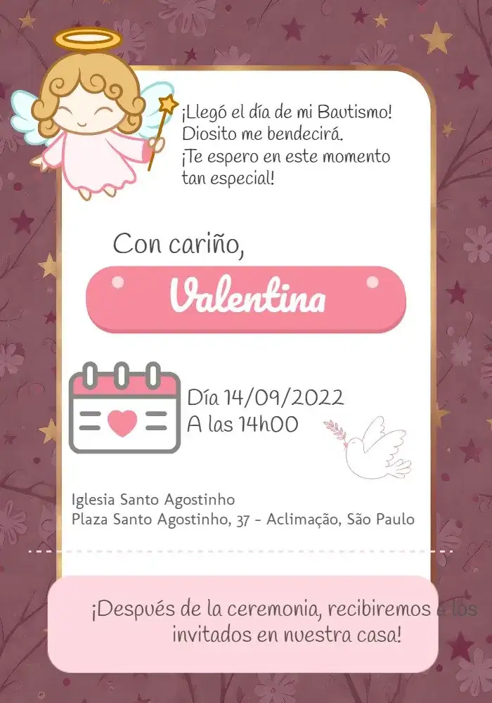 Invitación Bautizo De Niña Pájaro – tema Bautismo rosa, blanco, ángeles, estrellas, pajaritos, delicado