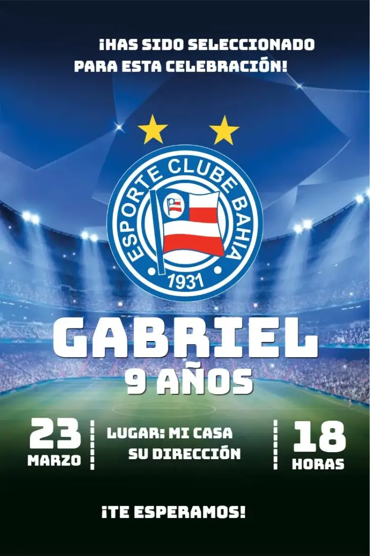 Invitación Deporte Bahia Club 3 – tema Cumpleaños deportivo, colorido, juvenil, dinámico, fútbol, moderno