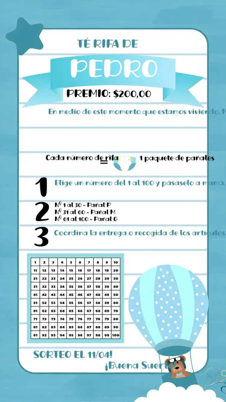 Invitación Té Rifa Osito Globos Blanco – tema Té Rifa colorido, lúdico, infantil, divertido, moderno