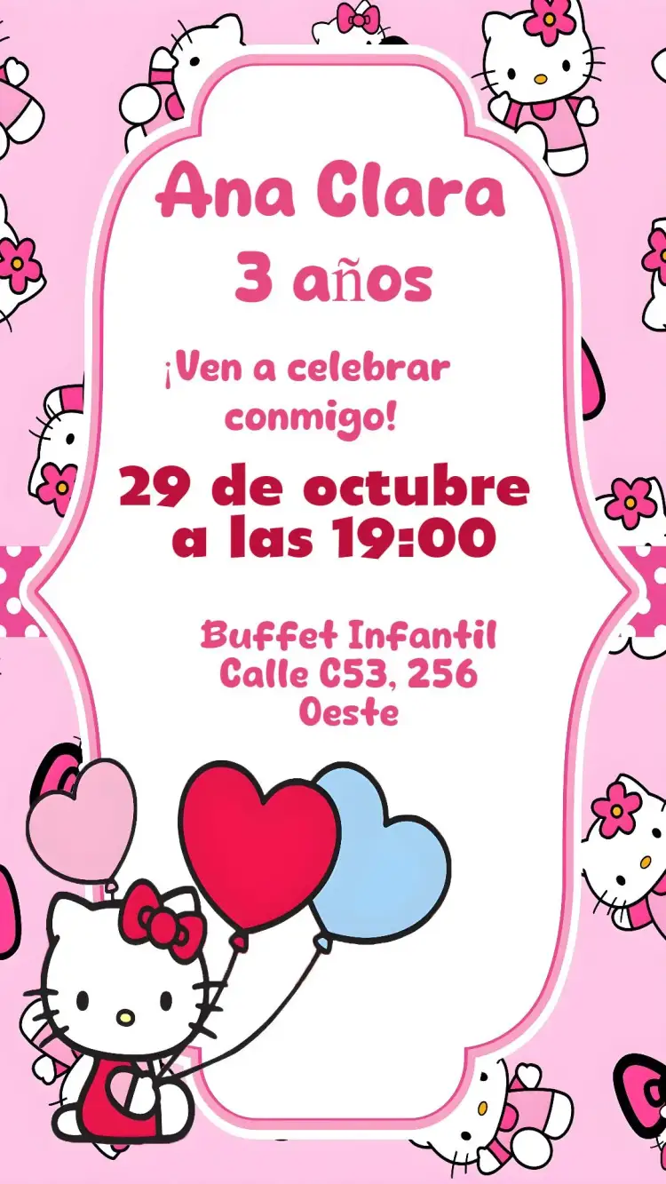 Invitación Hello Kitty – tema 15 años colores vibrantes, estilo lúdico, elementos gráficos de Hello Kitty, tema infantil, visual divertido