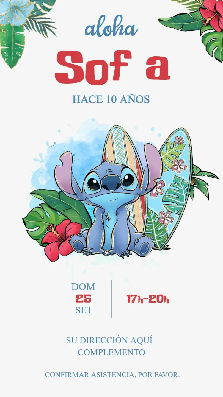 Invitación Stitch – tema Cumpleaños Infantil colores vibrantes, estilo divertido, elementos de aventura, temática tropical, estampado colorido, diseño lúdico