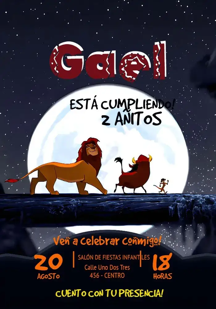Invitación El Rey León Selva – tema Cumpleaños Infantil selva, animales, colores vibrantes, aventura, fiesta temática, diversión