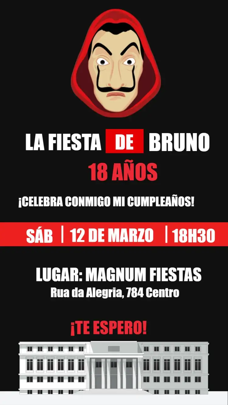 Invitación La Casa De Papel Serie – tema Despedida de Soltera estilo moderno, colores vibrantes, elementos gráficos de la serie, diseño divertido, inspirado en películas, temática de fiesta