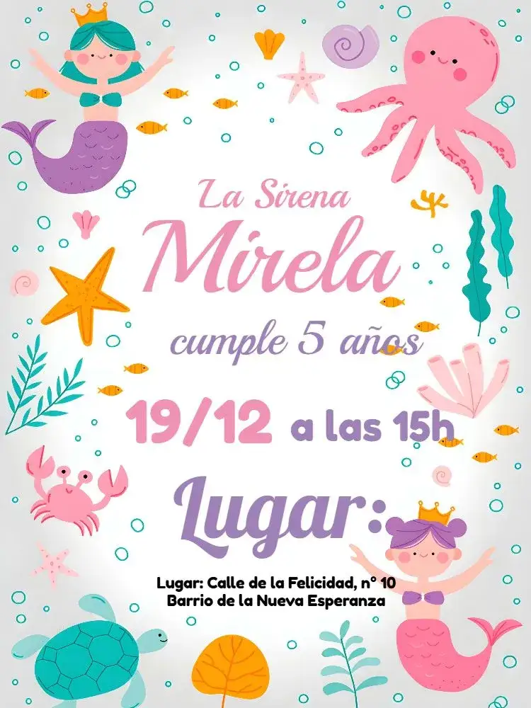 Invitación Sirena Blanca – tema Cumpleaños Infantil azul marino, de fantasía, colorido, lúdico, tropical, acuarela