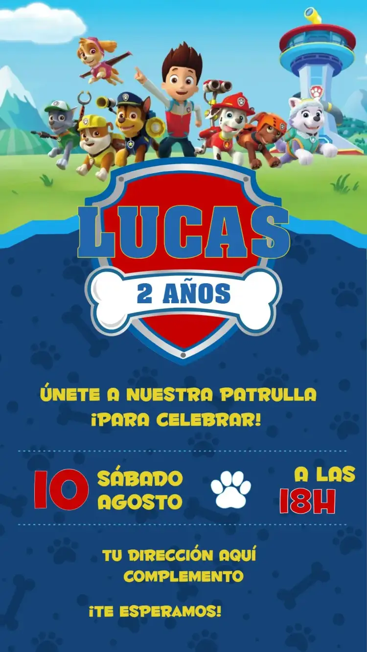 Invitación Patrulla Canina – tema Cumpleaños Infantil azul vibrante, estilo divertido, elementos gráficos de animales, temática aventurera, ilustraciones coloridas, diseño moderno