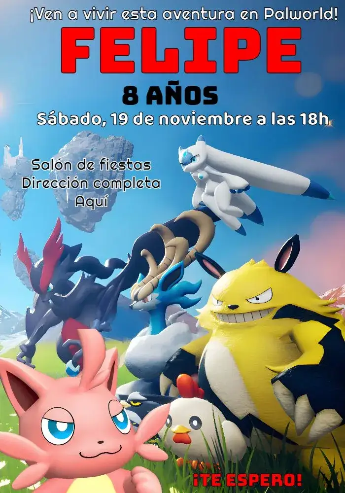 Invitación Palworld Infantil – tema Más buscados colorido, lúdico, juegos, diversión, moderno, interactivo