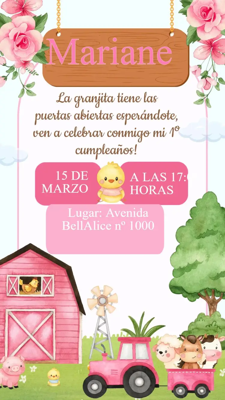 Invitación Invitación Cumpleaños Granjita – tema Cumpleaños Infantil granja, animales, colores vibrantes, campestre, divertido