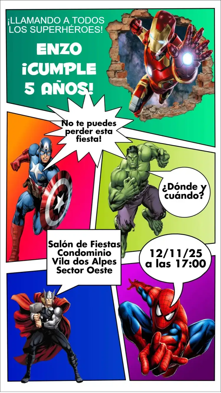 Invitación Super Héroes – tema Cumpleaños Infantil colorido, divertido, dinámico, ilustraciones de héroes, estilo cómic, moderno