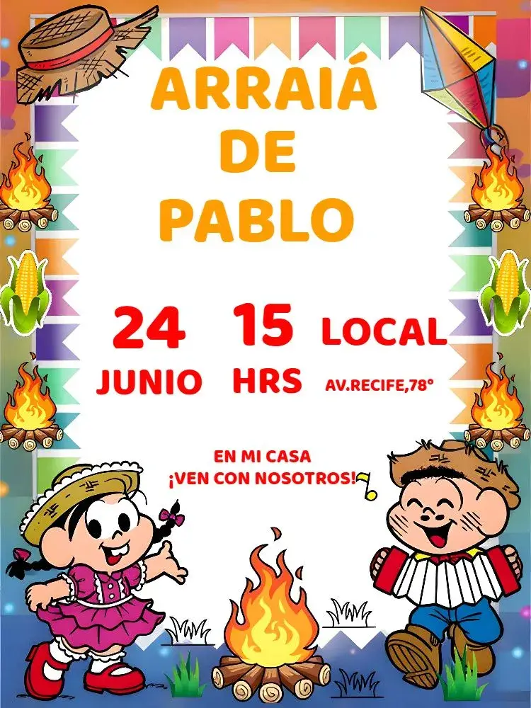 Invitación Arraiá Turma Da Mônica Mónica editable y personalizable