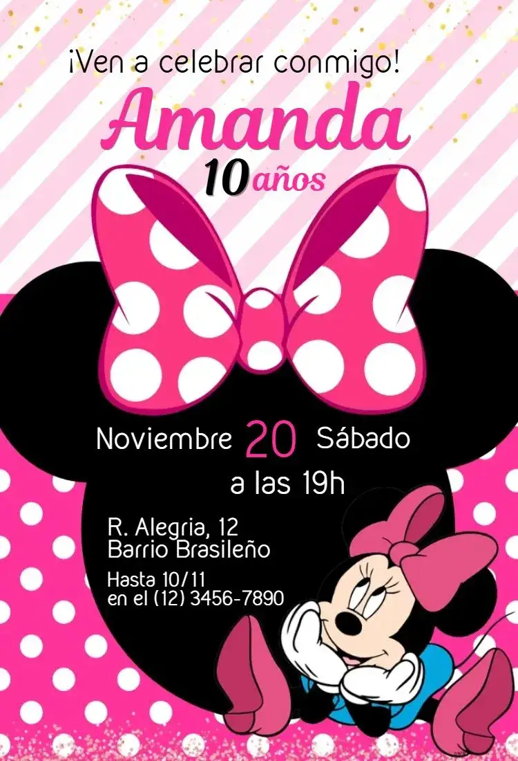 Invitación Minnie Bolinhas – tema Cumpleaños Infantil colorido, divertido, temático, infantil, Disney