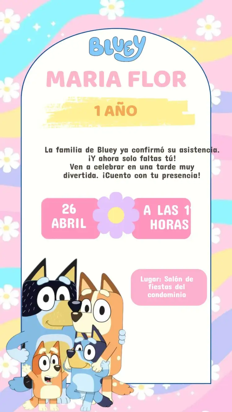 Invitación Invitación Cumpleaños Bluey Niña – tema Cumpleaños Infantil colorido, divertido, lúdico, animado, infantil