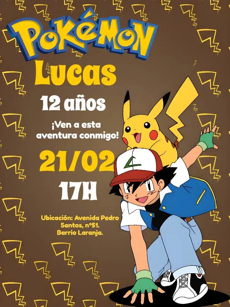 Invitación Pokemon Pikachu – tema Más buscados amarillo, anime, colorido, divertido, joven, ilustraciones de Pokémon