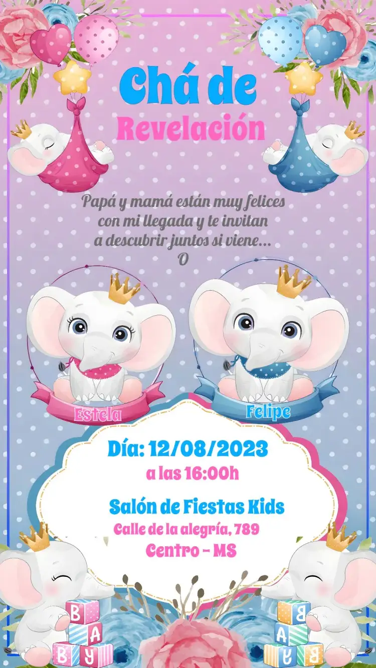 Invitación Baby Shower Elefante Niña – tema Revelación Bebé elefante, rosa y azul, divertido, ilustraciones infantiles, moderno, colorido