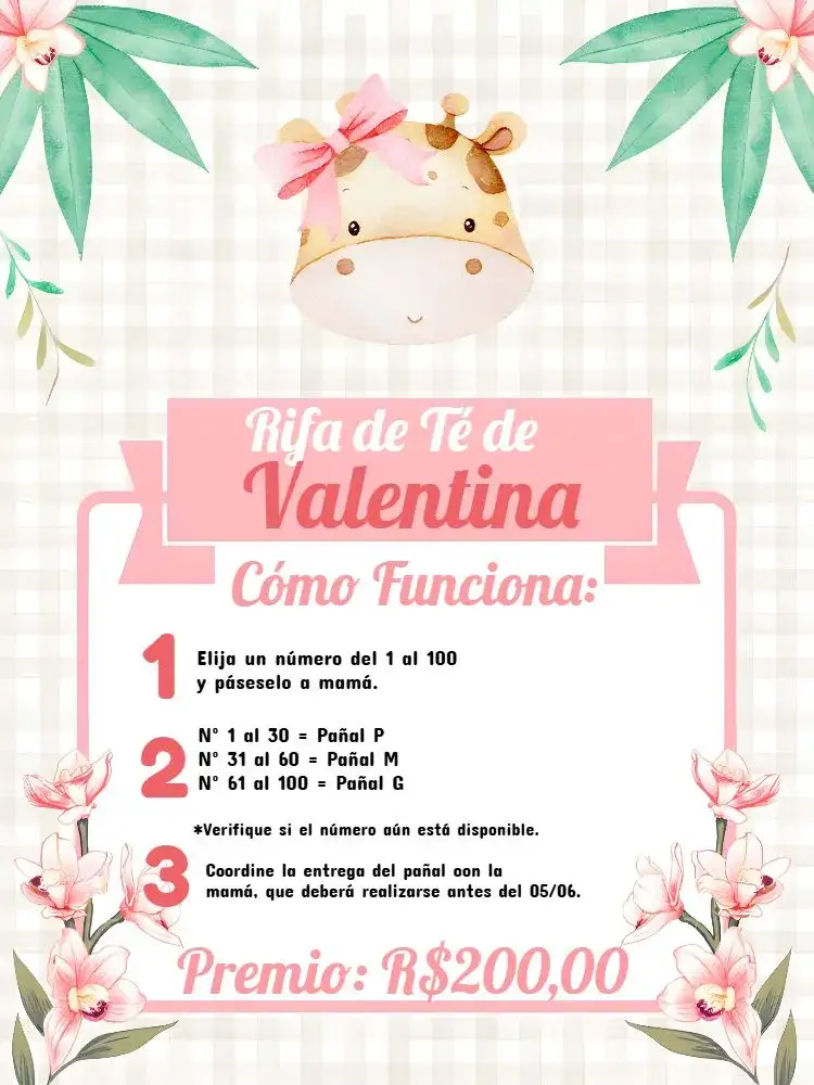 Invitación Té Rifa Jirafita Negro – tema Té Rifa moderno, safari, negro y rosa, divertido, elegante