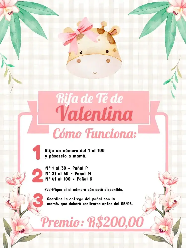 Invitación Té Rifa Jirafita Negro editable y personalizable