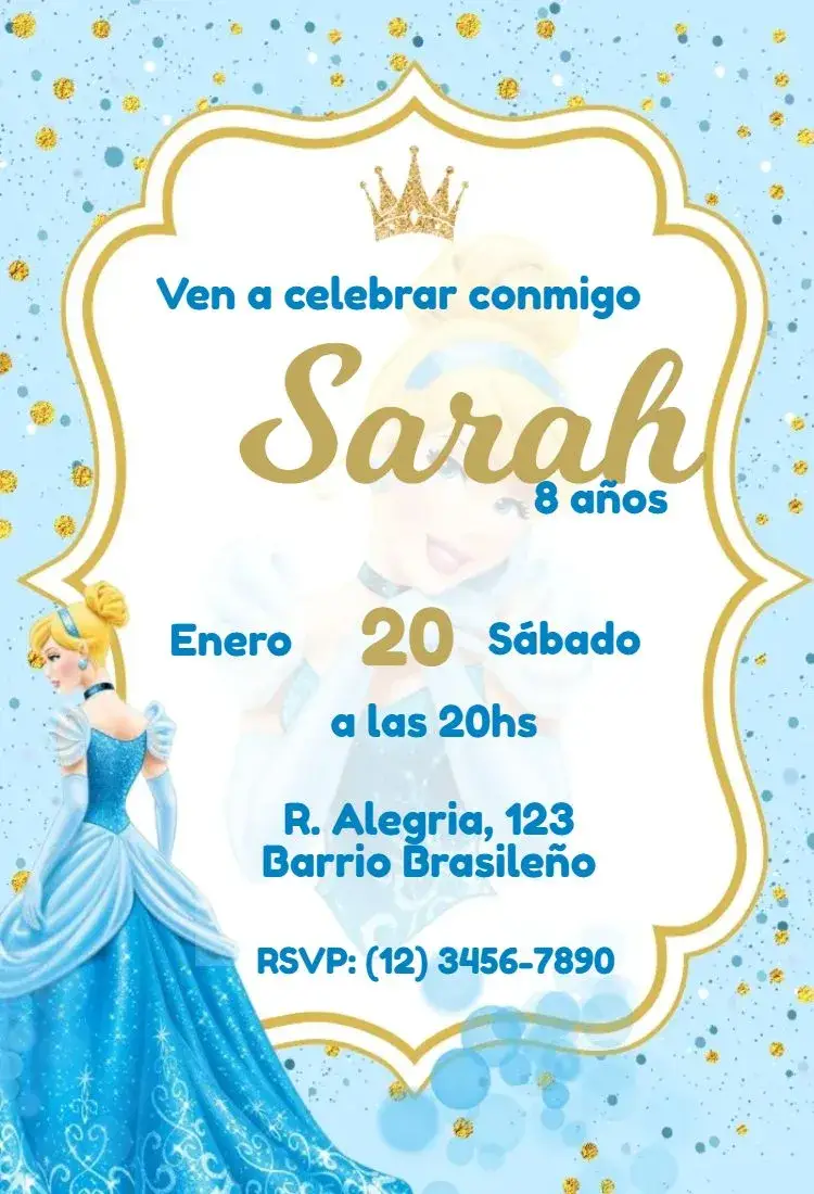 Invitación Cenicienta Oro y Azul