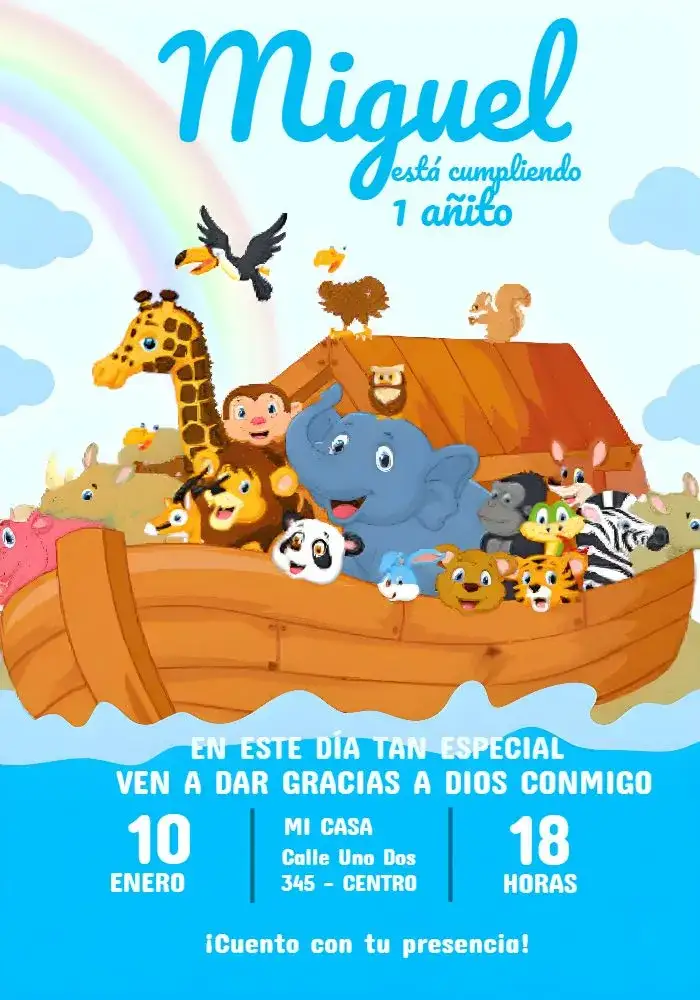 Invitación Fiesta Arca De Noé – tema Despedida de Soltera animales, azul, divertido, infantil, temático