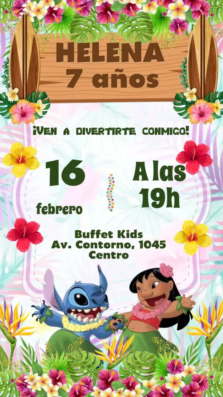 Invitación Lilo y Stitch – tema Cumpleaños Infantil colorido, divertido, tropical, infantil, animado