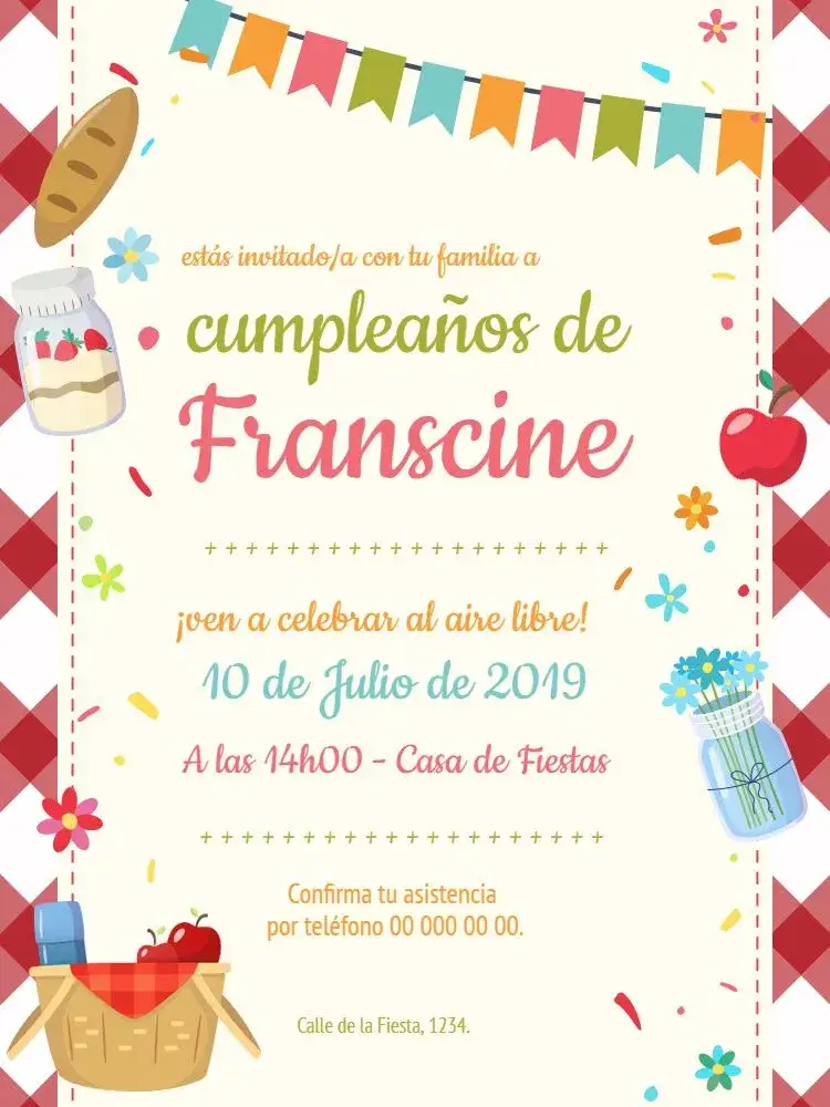 Invitación Picnic Pão – tema Cumpleaños Infantil colorido, floral, divertido, natural, vintage, infantil