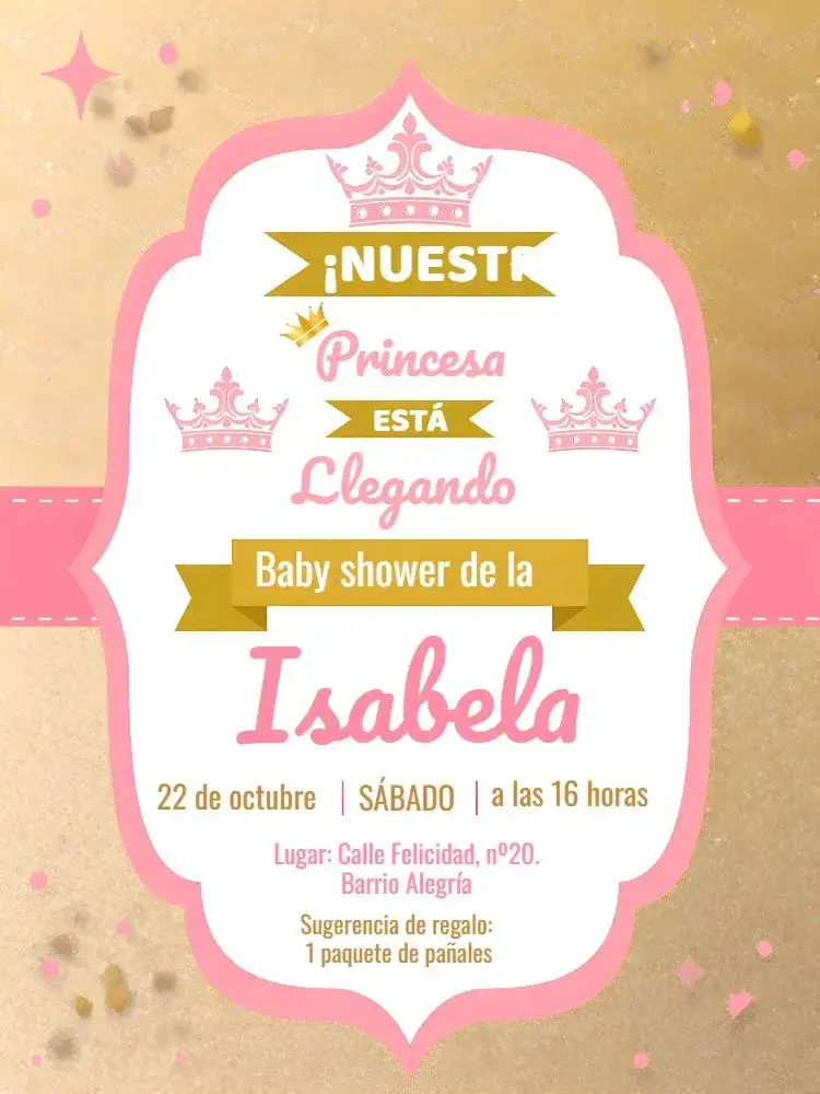 Invitación Baby Shower Realeza Rosa – tema Baby Shower rosa, dorado, brillo, princesa, realeza, purpurina