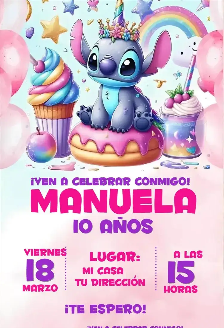 Invitación Invitación Dulces Colores Stitch – tema Cumpleaños Infantil colorido, divertido, temático, dulce, alegre, infantil